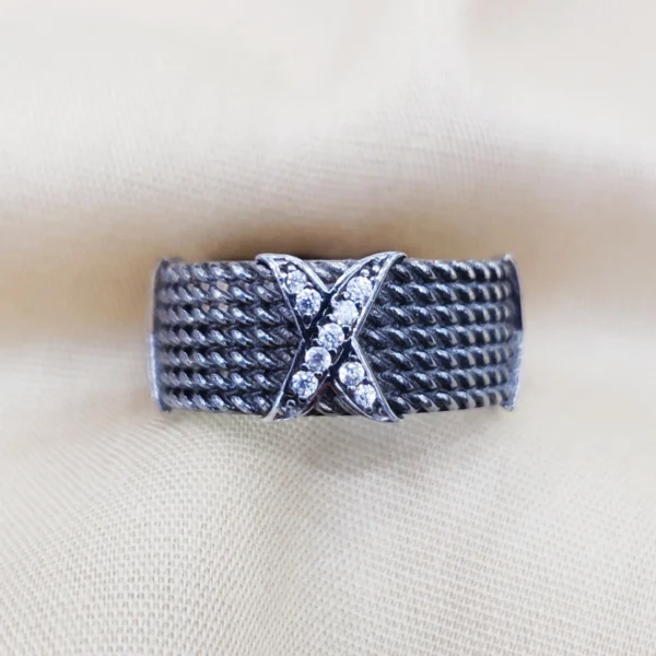 925 Silver Six Row Rope Ring w Diamond Ring - Image 3