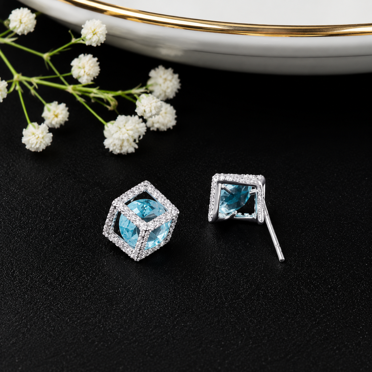 Luxury Blue CZ Square Silver Tops for Women - Image 3