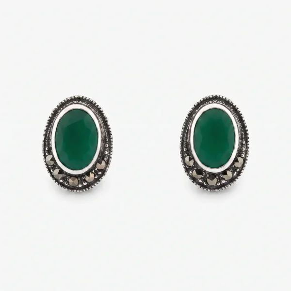 Marcasite Oval Green Stone Stud Earrings in Rhodium Silver