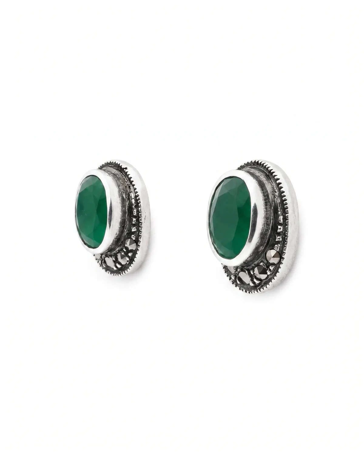 Marcasite Oval Green Stone Stud Earrings in Rhodium Silver - Image 2