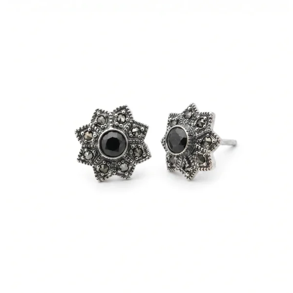 Marcasite Geometric Star Black Stone Studs in Rhodium Silver