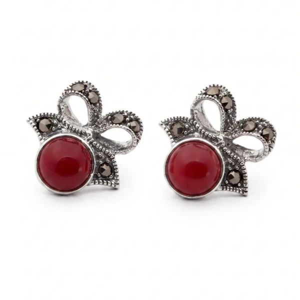 Marcasite Bow Red Stone Stud Earrings in Rhodium Silver