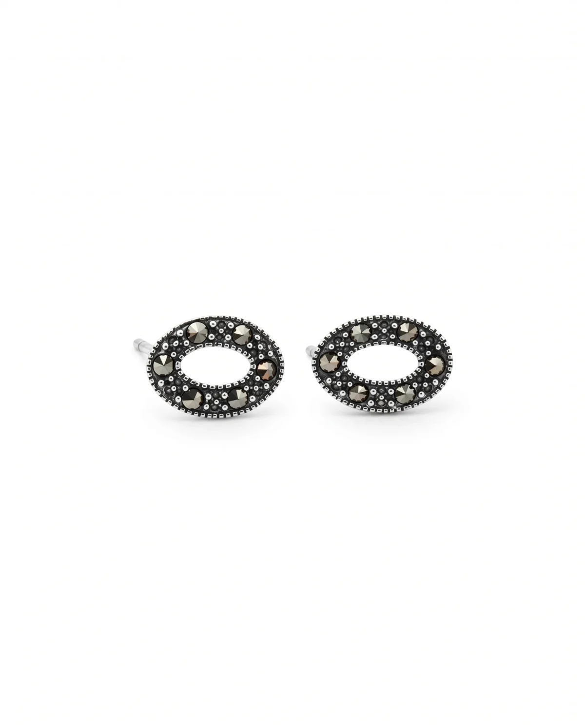 Marcasite Open Oval Cutout Stud Earrings in Rhodium Silver - Image 1