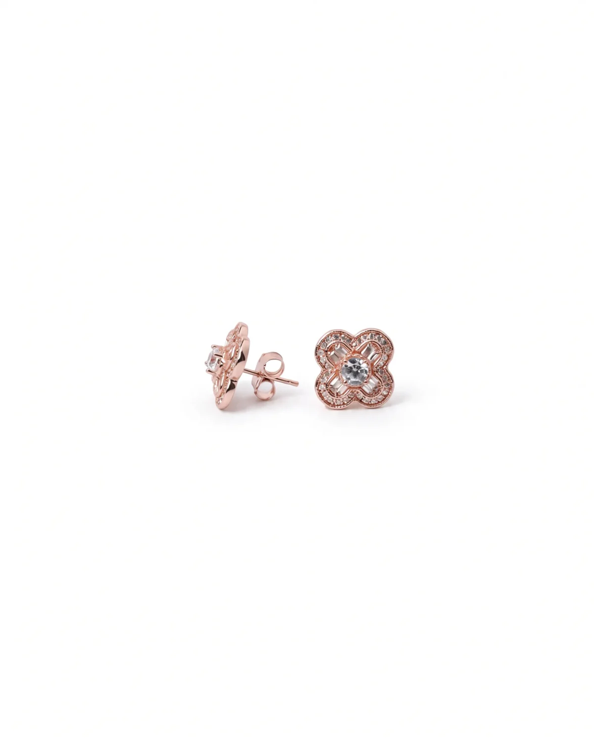 Petite Quatrefoil CZ Stud Earrings in Rhodium Silver - Image 2