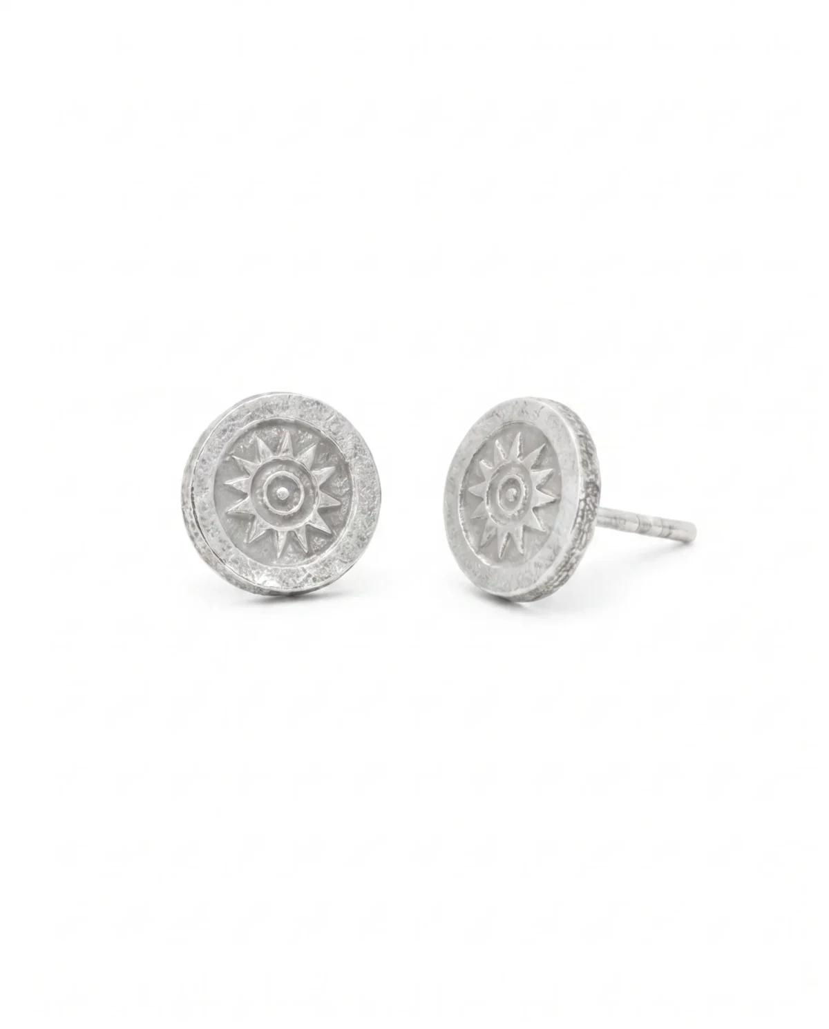 Stamped Sunburst Oval Stud Earrings in Rhodium Silver - Image 2