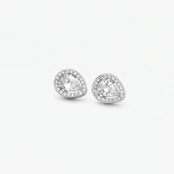 Pear Cut Halo Solitaire Stud Earrings in Rhodium Silver