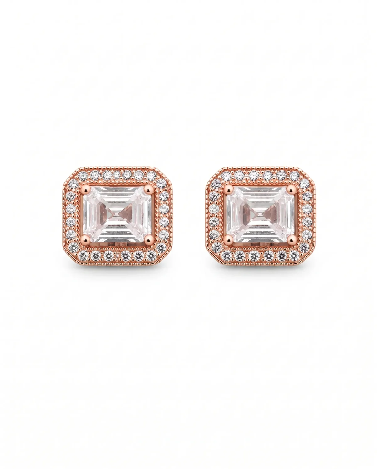 Large Emerald Cut Halo Solitaire Studs in Rhodium Silver - Image 2