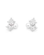 Geometric CZ and Pearl Stud Earrings in Rhodium Silver