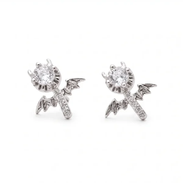 Divine Winged Cross CZ Studs in Rhodium-Plated Silver