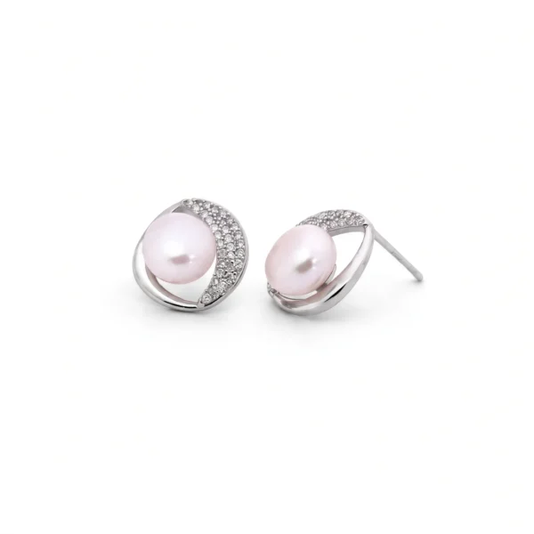 Swirl CZ and Pearl Stud Earrings in Rhodium Silver