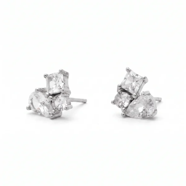 Modern Geometric Cluster CZ Studs in Rhodium Silver