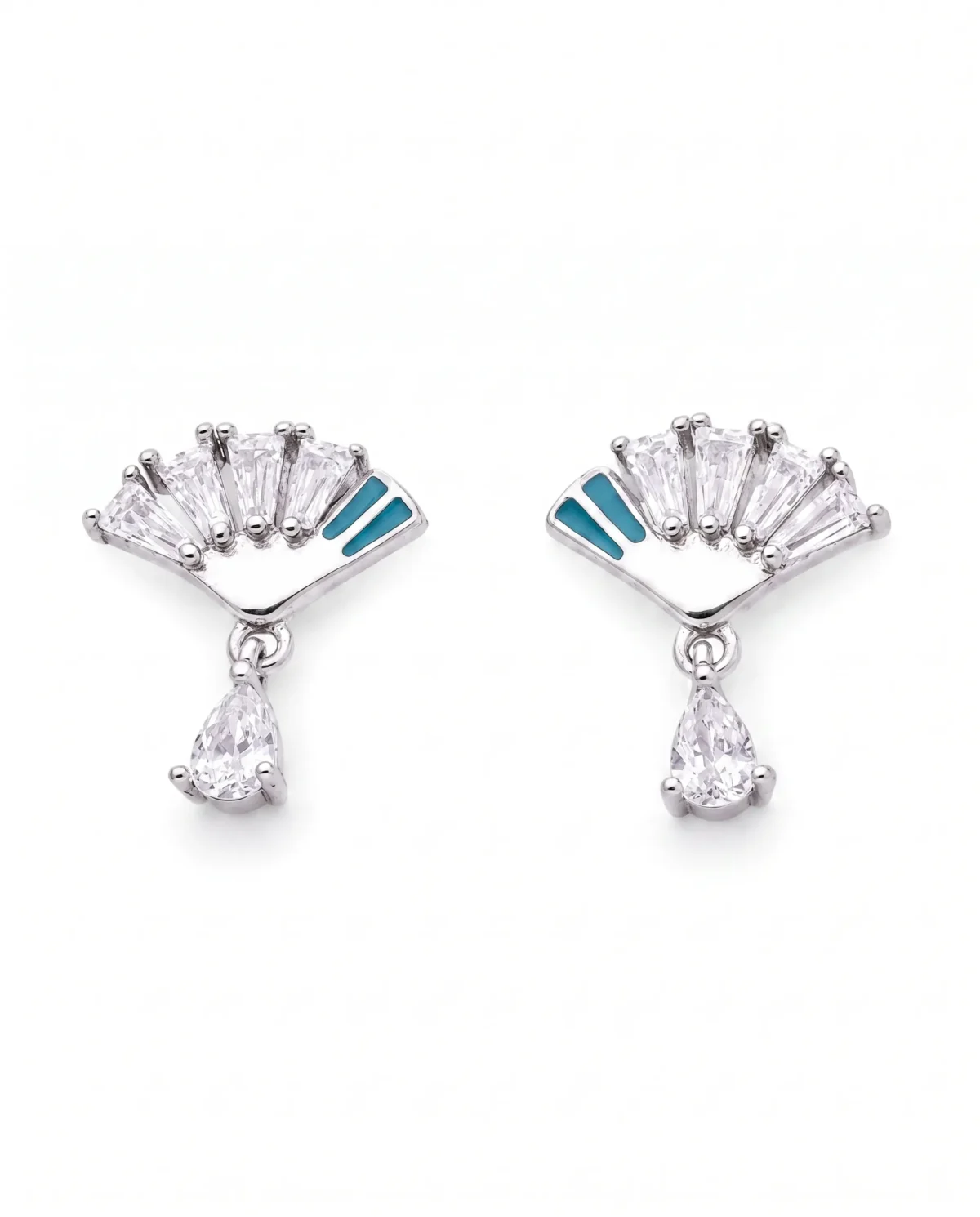 Vintage Art Deco Fan CZ Earrings in Rhodium Silver - Image 1