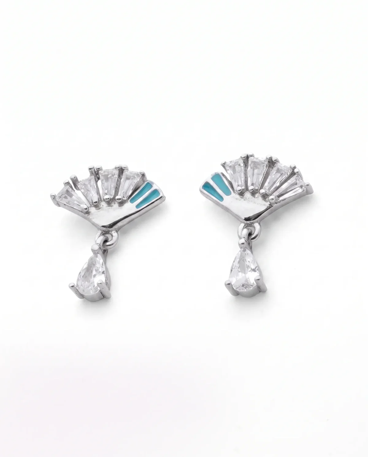 Vintage Art Deco Fan CZ Earrings in Rhodium Silver - Image 2