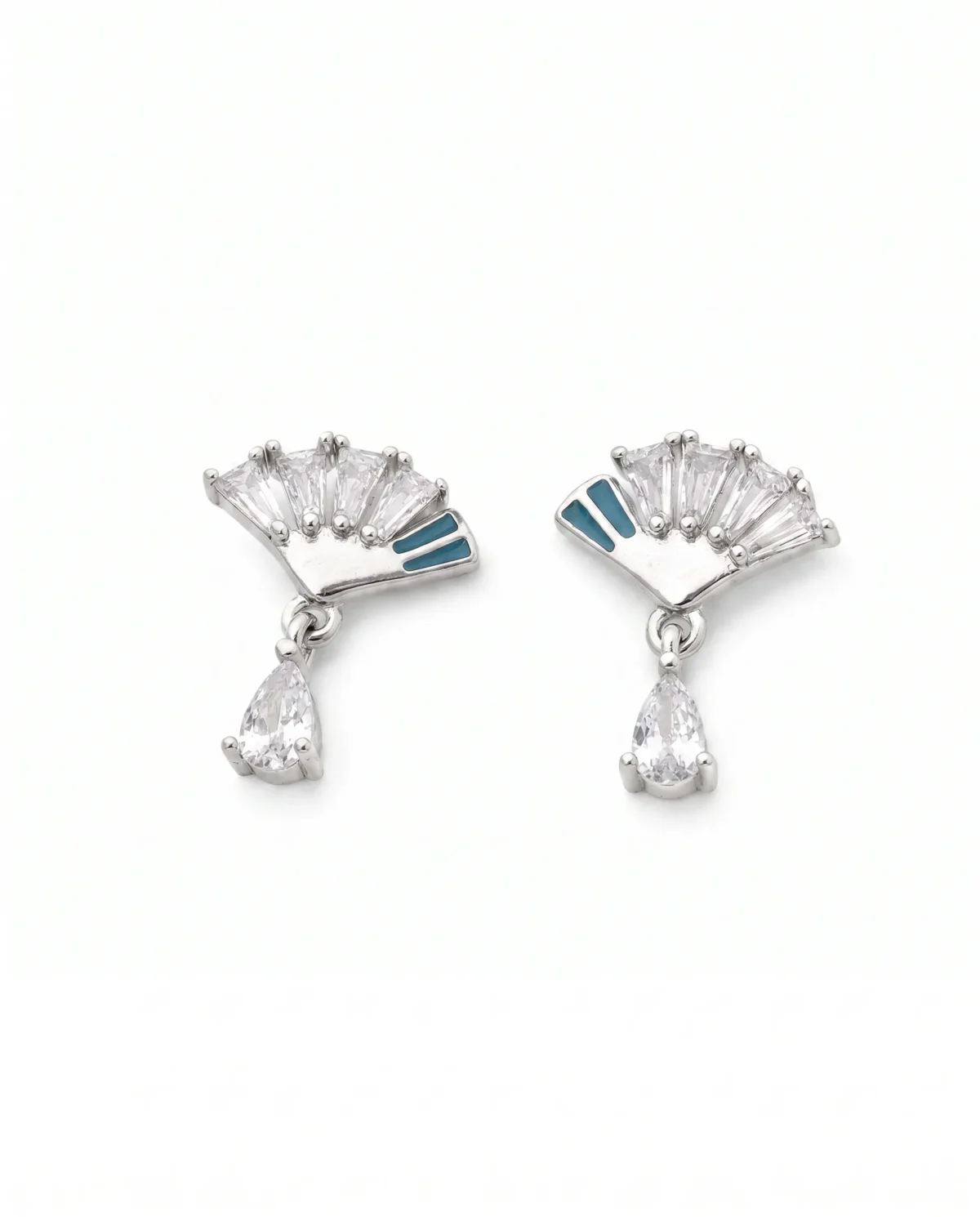 Vintage Art Deco Fan CZ Earrings in Rhodium Silver - Image 3