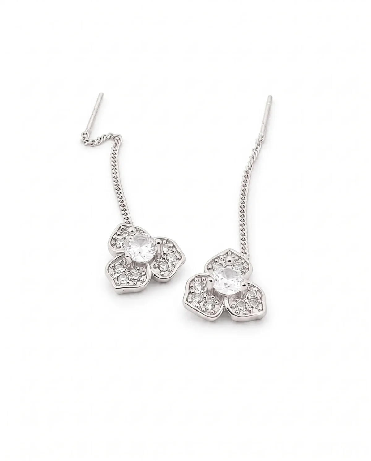 Three-Stone Cluster CZ Sui Dhaga Threader Earrings in Rhodium Silver - Image 2