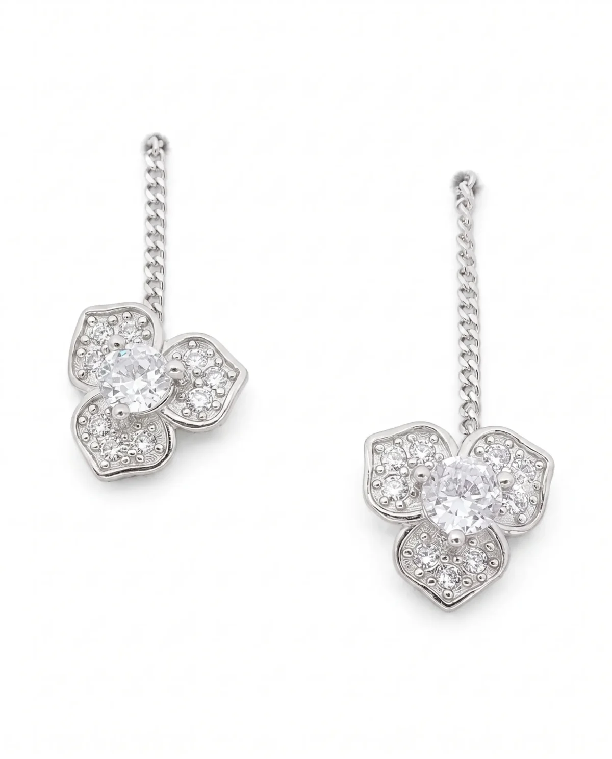 Three-Stone Cluster CZ Sui Dhaga Threader Earrings in Rhodium Silver - Image 1