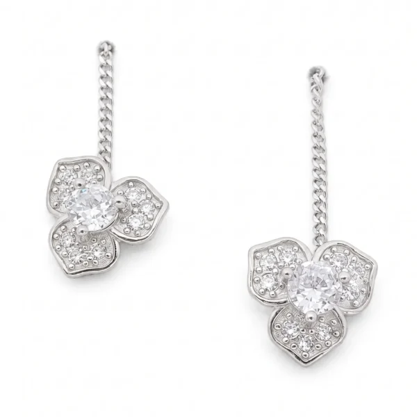 Three-Stone Cluster CZ Sui Dhaga Threader Earrings in Rhodium Silver