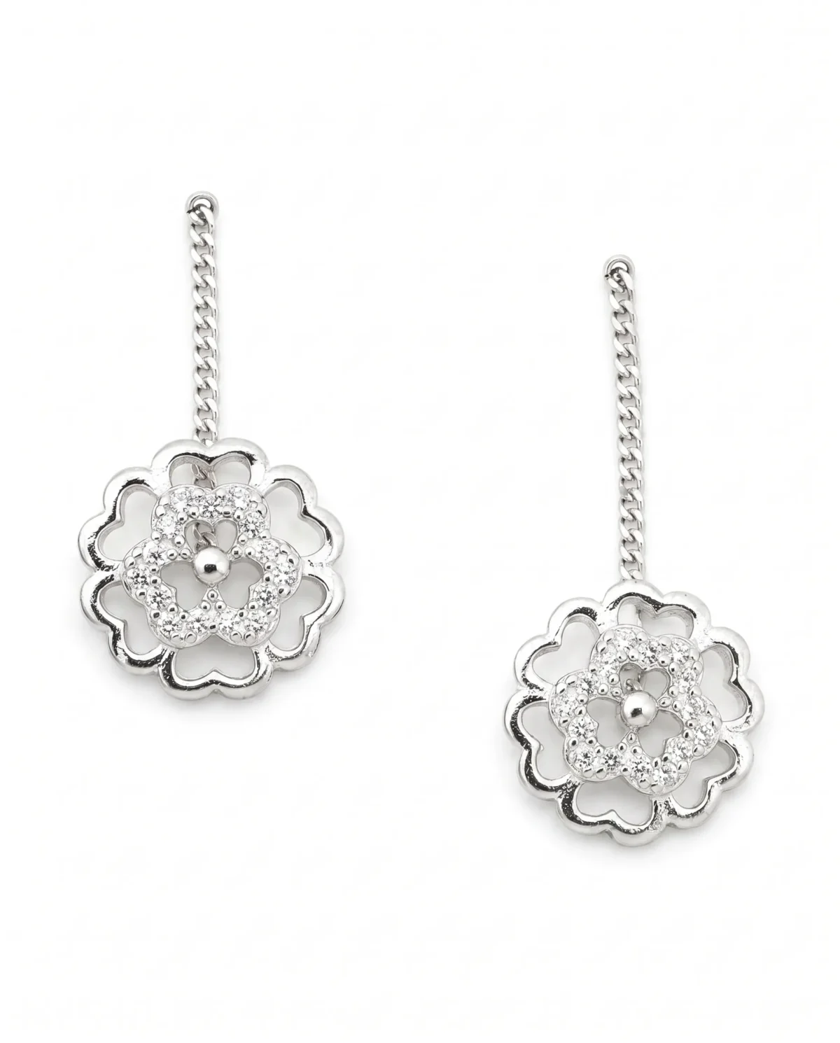 Filigree Circle Motif Sui Dhaga Threader Earrings in Rhodium Silver - Image 1