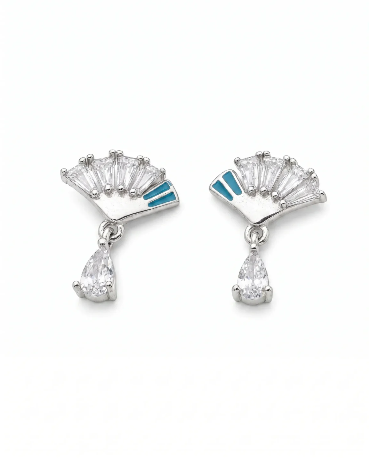 Vintage Art Deco Fan CZ Earrings in Rhodium Silver - Image 4