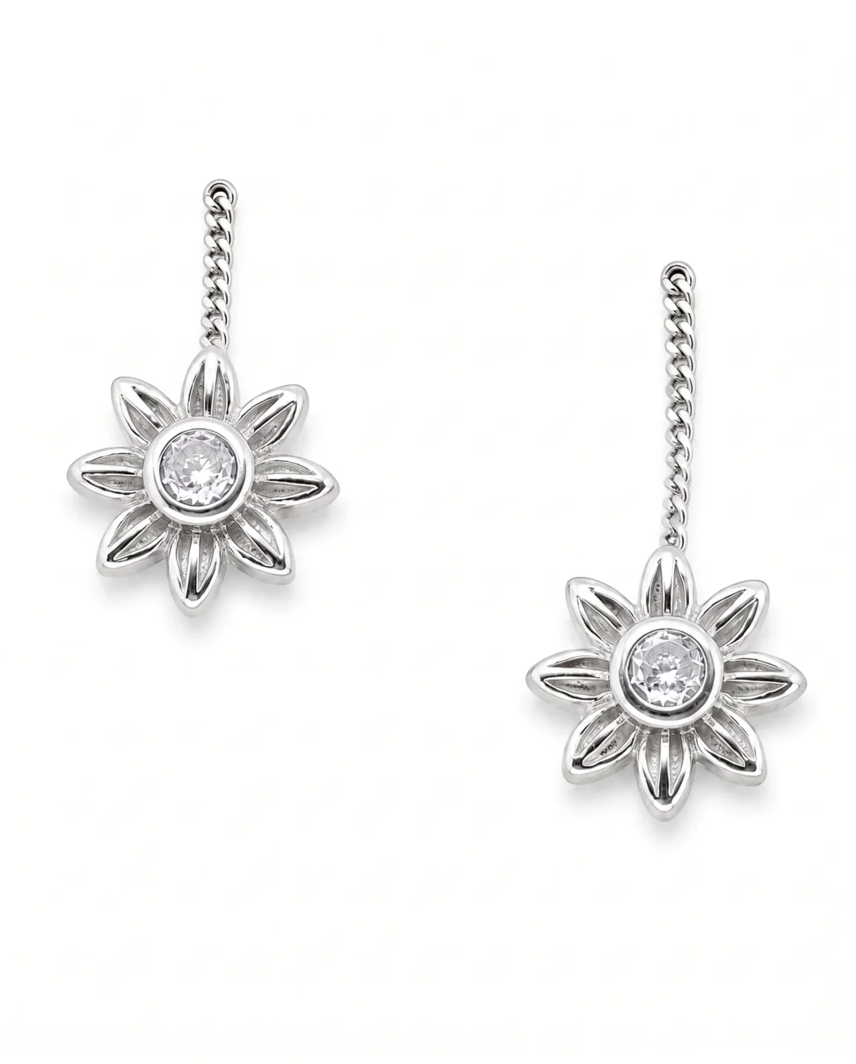 Sunburst Cluster CZ Sui Dhaga Threader Earrings in Rhodium Silver - Image 1