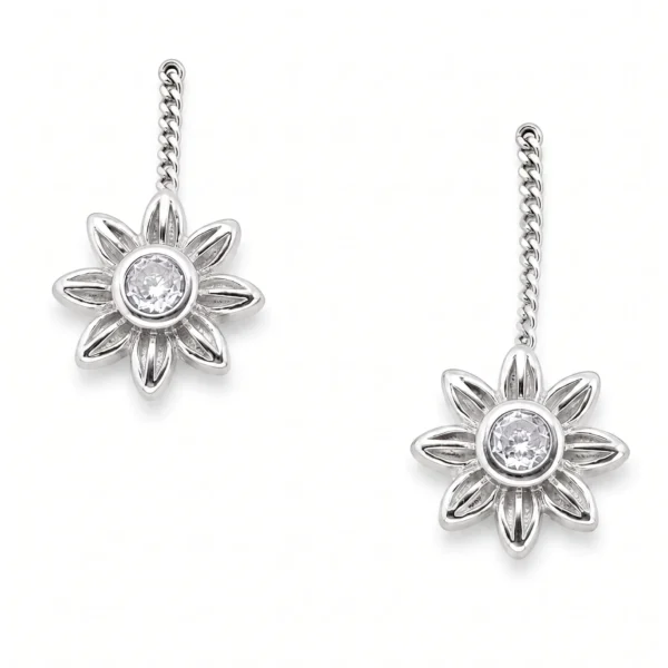 Sunburst Cluster CZ Sui Dhaga Threader Earrings in Rhodium Silver