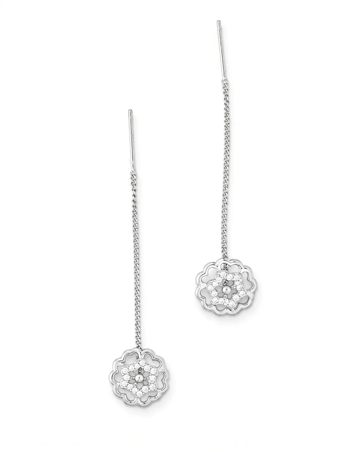 Filigree Circle Motif Sui Dhaga Threader Earrings in Rhodium Silver - Image 2