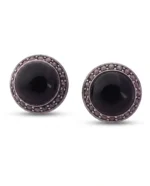 Marcasite Oval Black Stone Stud Earrings in Rhodium Silver - Image 3
