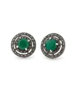 Marcasite Round Green Stone Halo Studs in Rhodium Silver