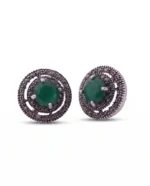 Marcasite Round Green Stone Halo Studs in Rhodium Silver - Image 4