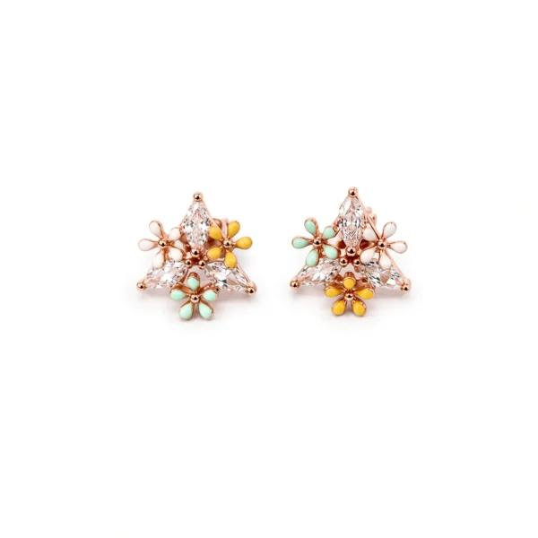 Pastel Enamel Floral Cluster CZ Stud Earrings in Rhodium Silver
