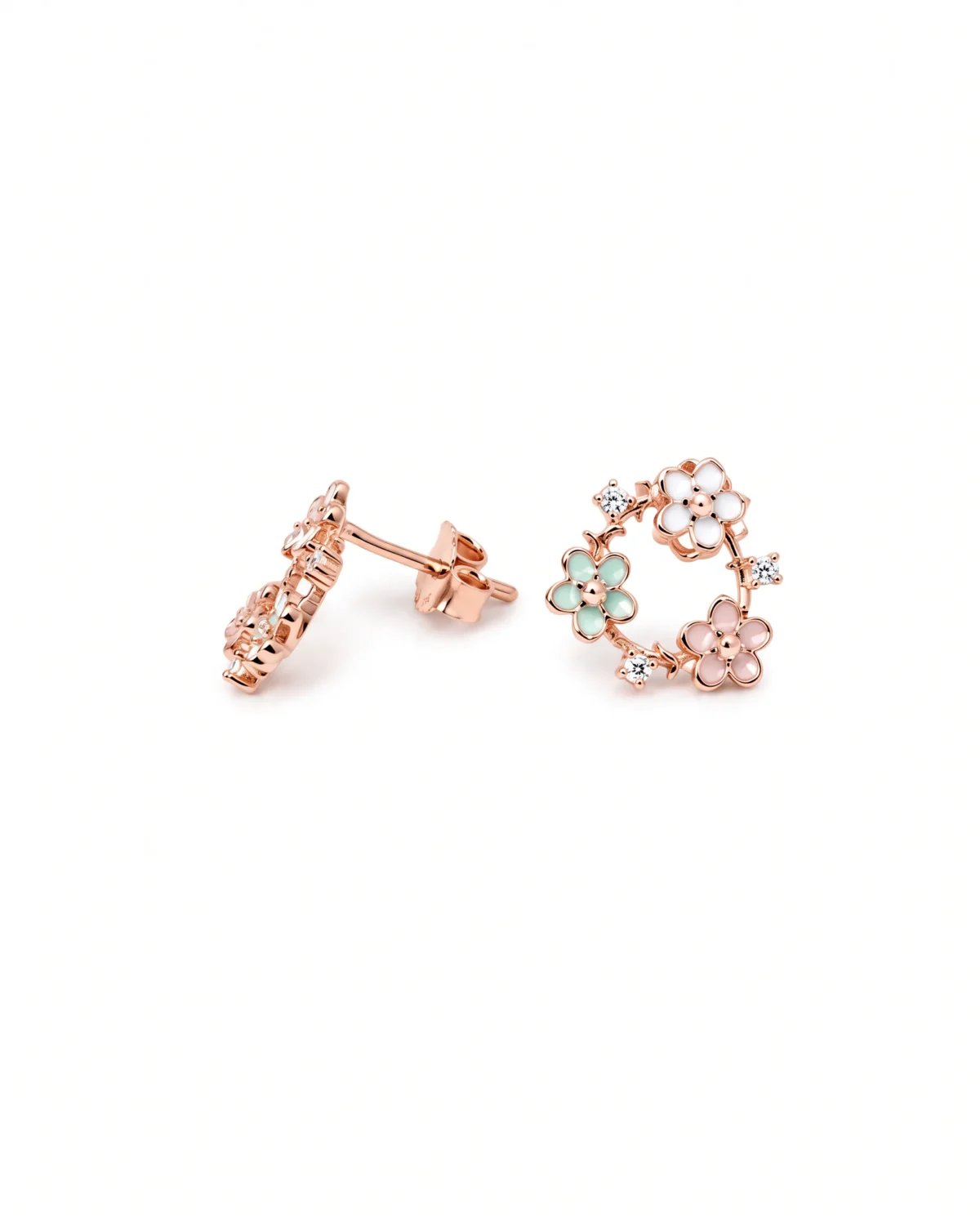 934_result Pastel Enamel Floral Wreath CZ Stud Earrings in Rhodium Silver - Image 1
