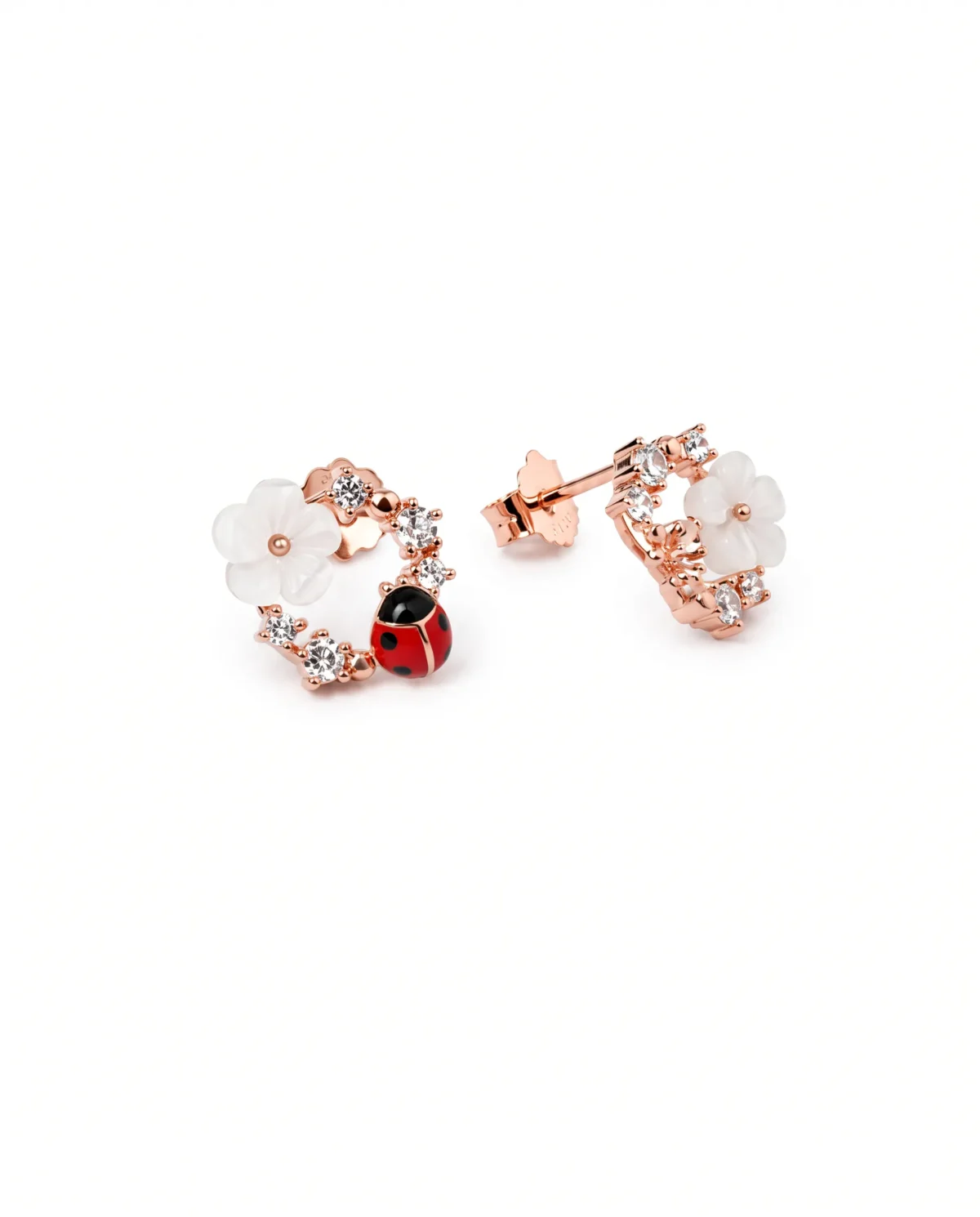 Ladybug and White Floral Wreath Enamel Studs in Rhodium Silver - Image 1