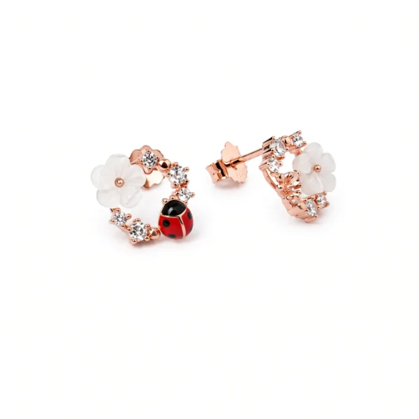 Ladybug and White Floral Wreath Enamel Studs in Rhodium Silver