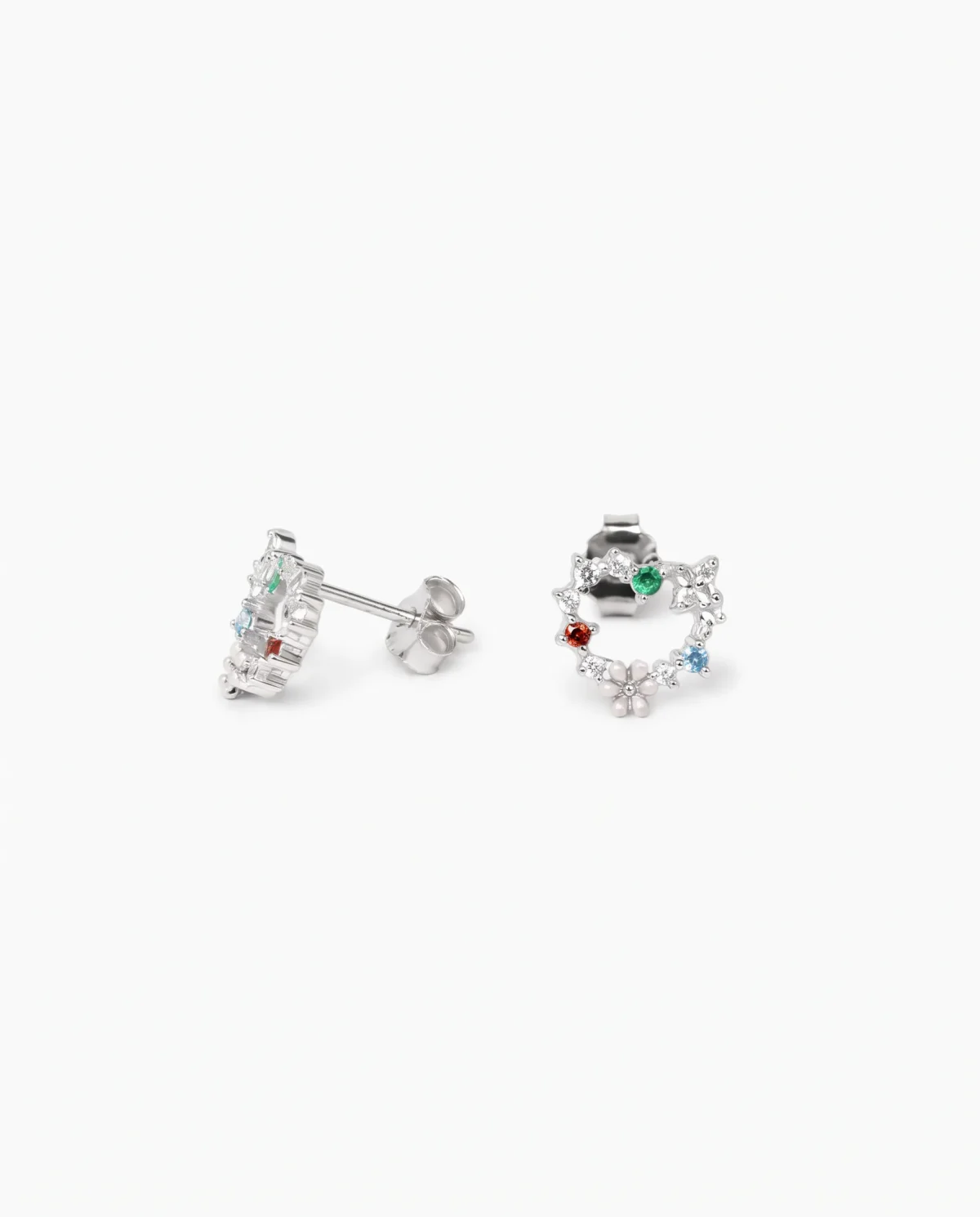 937_result Multi-Color Floral Heart Wreath Stud Earrings in Rhodium Silver - Image 1