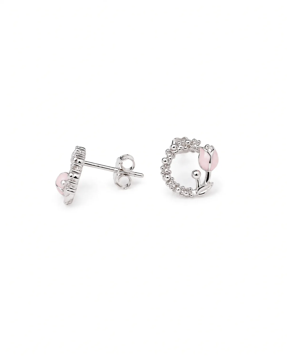 Pink Enamel Floral Wreath CZ Stud Earrings in Rhodium Silver - Image 1