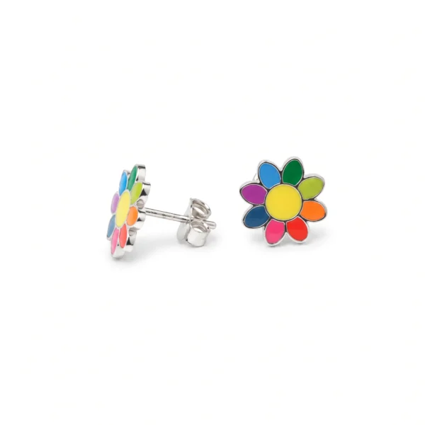 Rainbow Enamel Daisy Flower Stud Earrings in Rhodium Silver