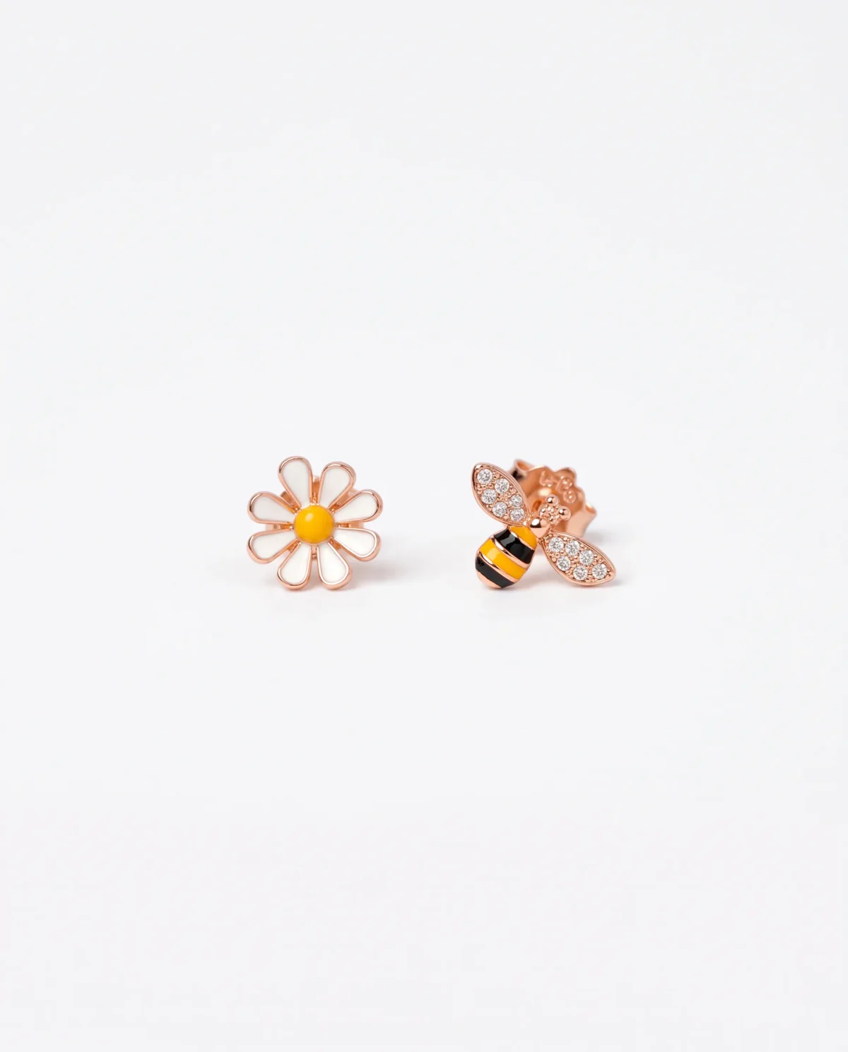 Mismatched Bumblebee and Daisy Enamel Studs in Rhodium Silver - Image 1
