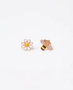 Mismatched Bumblebee and Daisy Enamel Studs in Rhodium Silver