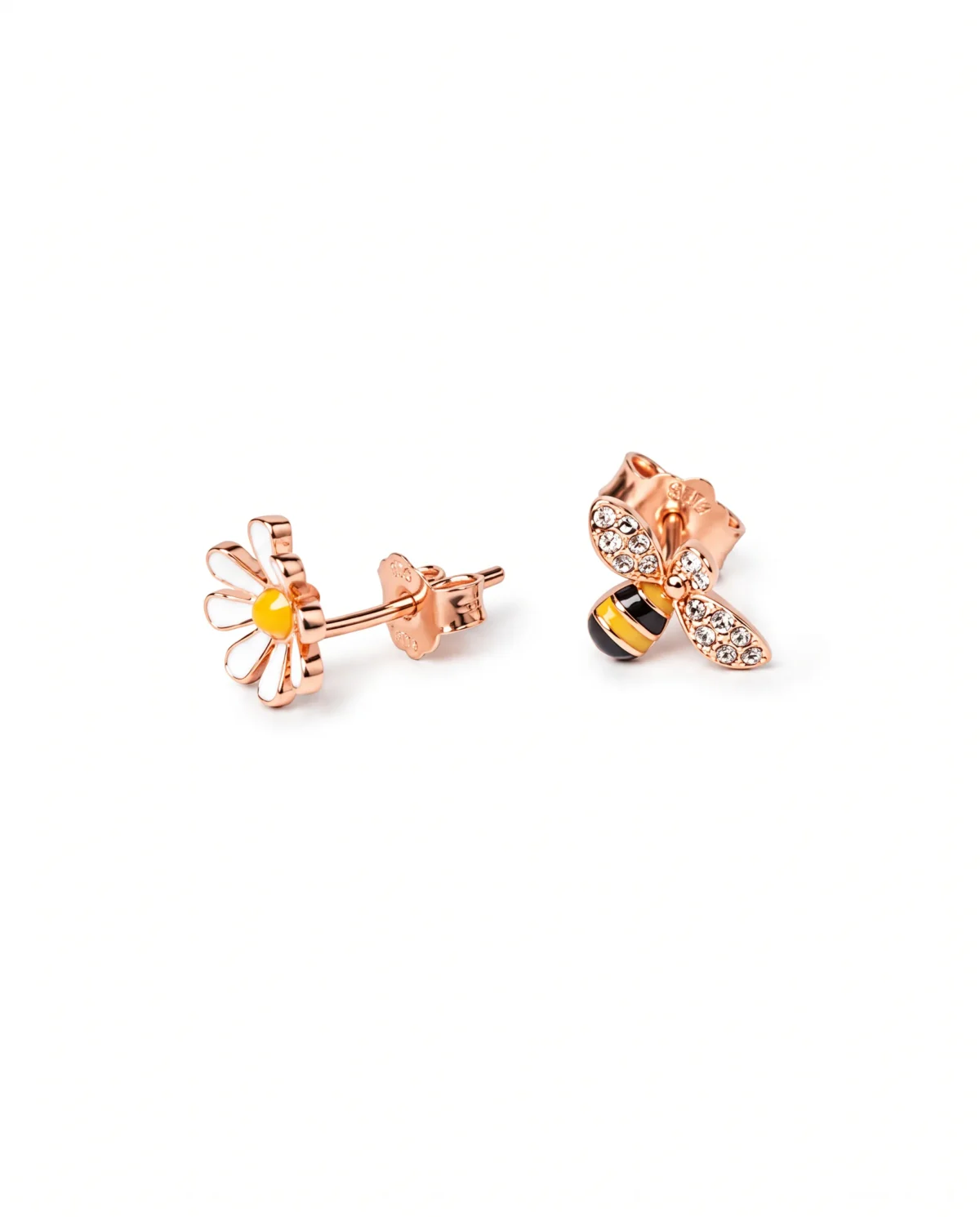 Mismatched Bumblebee and Daisy Enamel Studs in Rhodium Silver - Image 2