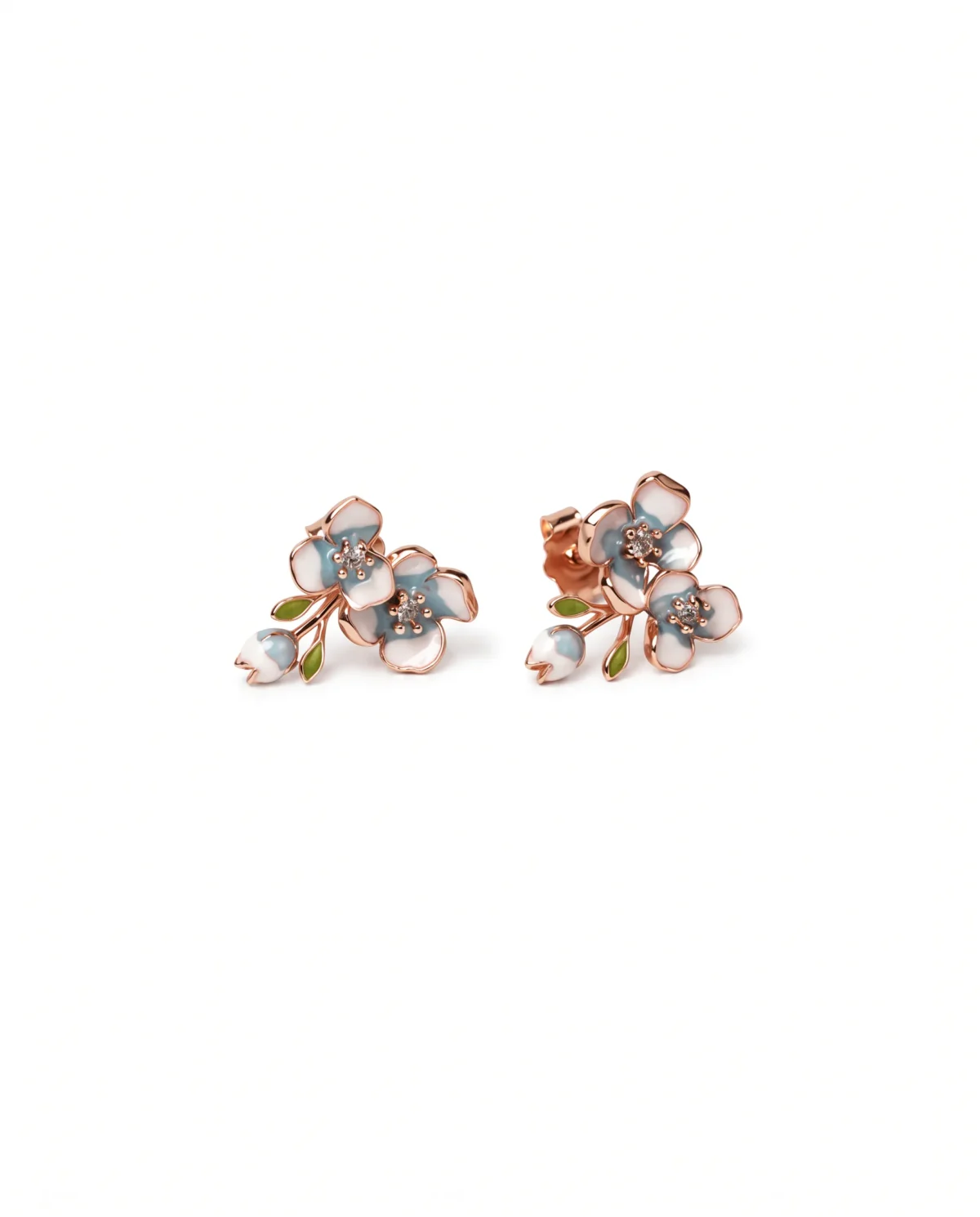 Blue Enamel Twin Floral CZ Stud Earrings in Rhodium Silver - Image 1