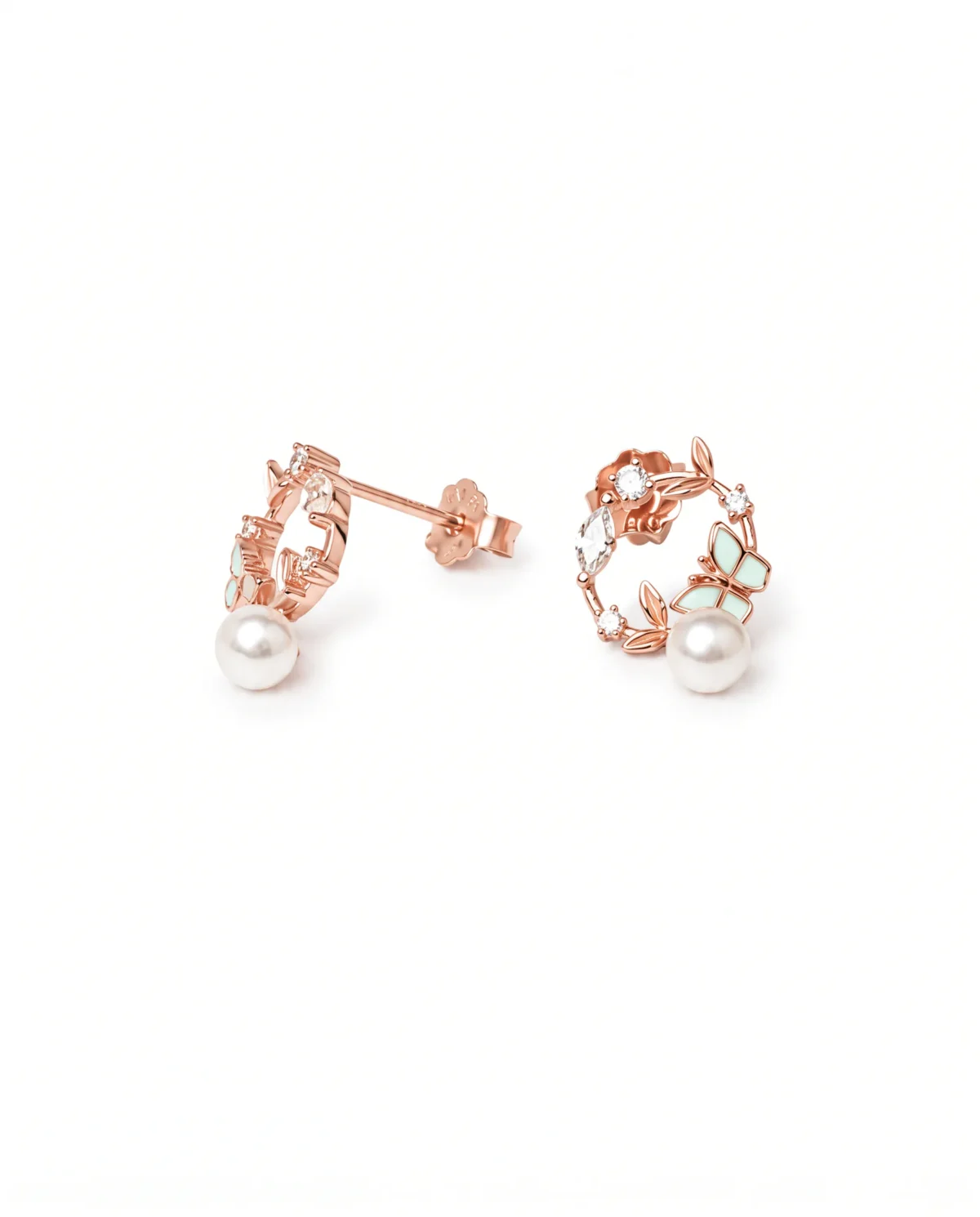 Green Enamel Leaf Wreath and Pearl Drop Studs in Rhodium Silver - Image 1