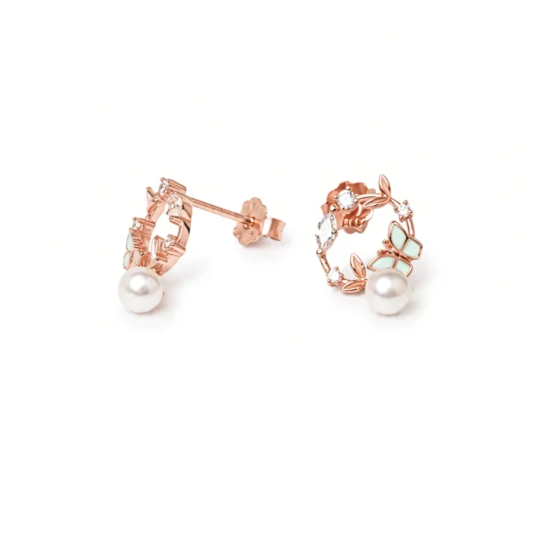 Green Enamel Leaf Wreath and Pearl Drop Studs in Rhodium Silver