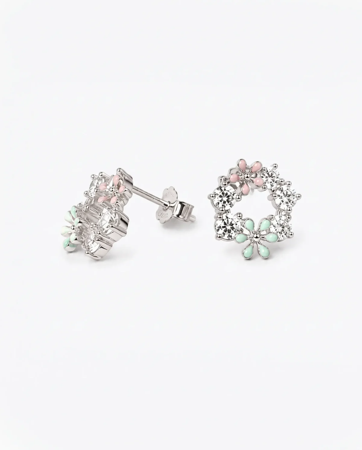 Light Blue Enamel Floral Vine Wreath Studs in Rhodium Silver - Image 1