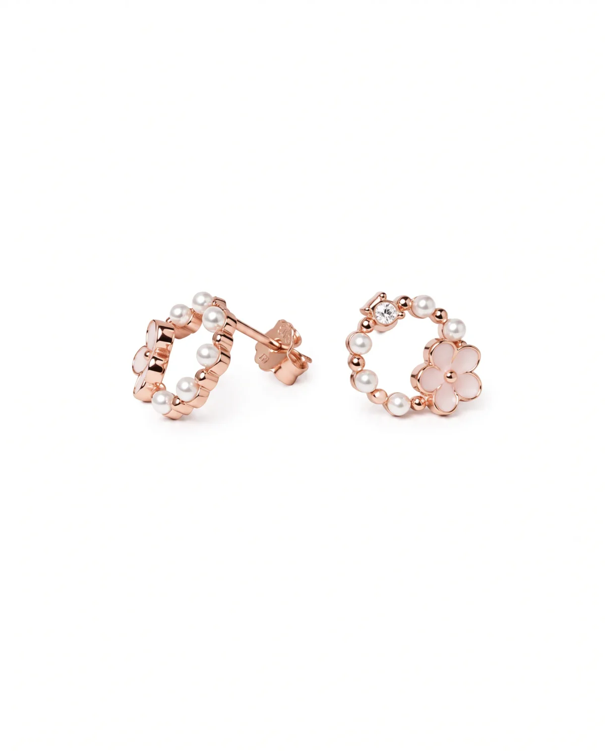 947_result White Enamel Floral Wreath CZ Stud Earrings in Rhodium Silver - Image 1