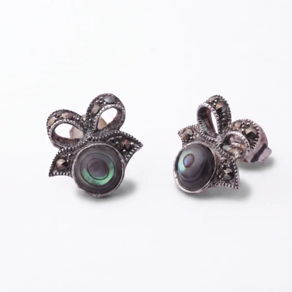 Marcasite Bow Abalone-Style Stud Earrings in Rhodium Silver