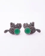 Marcasite Elephant Green Stone Studs in Rhodium Silver