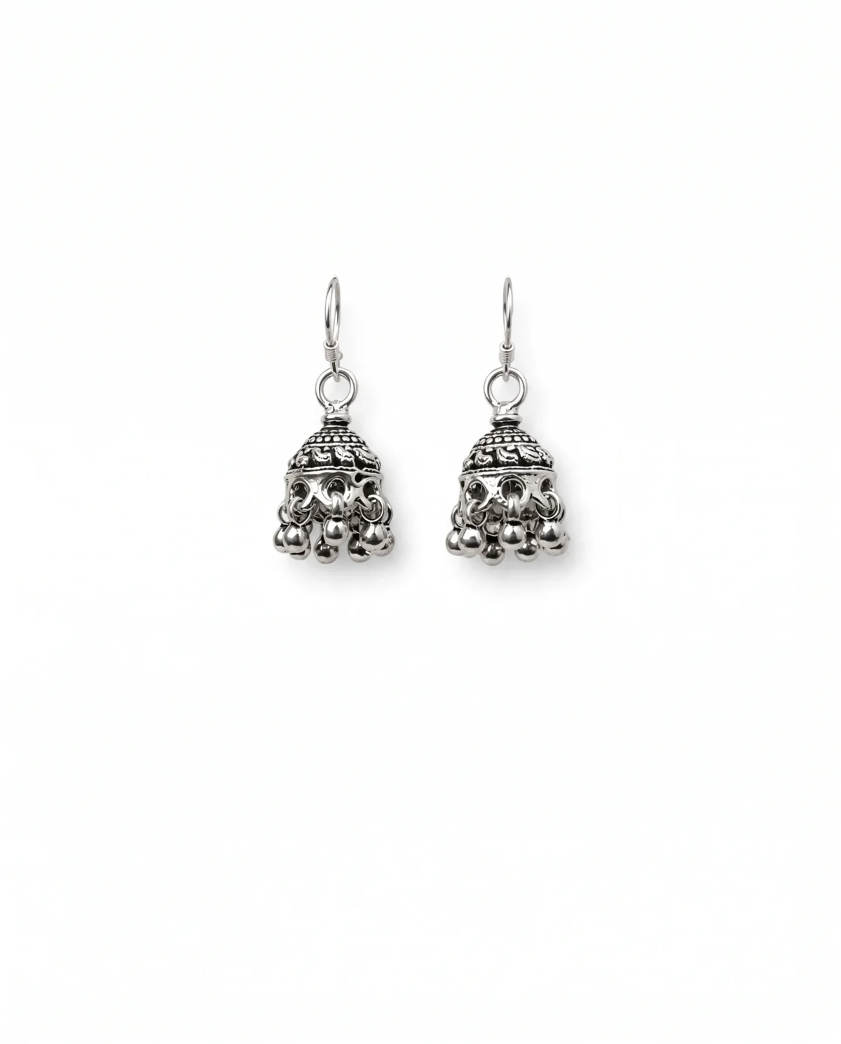 Ornate Flared Oxidized Jhumka Earrings in Rhodium Silver - Image 1