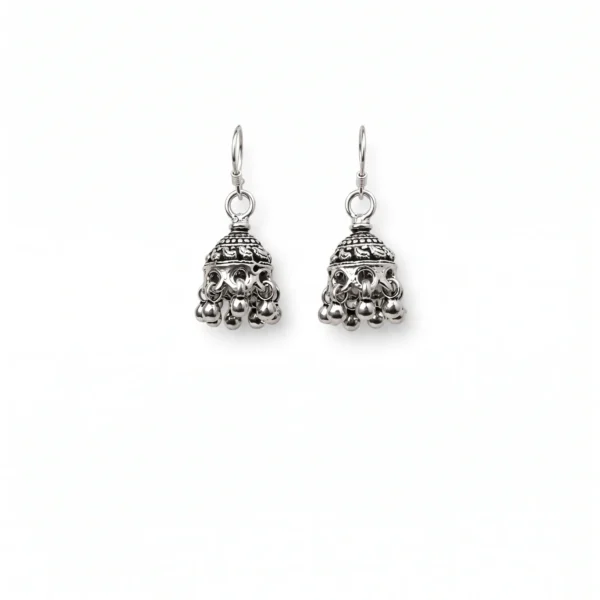 Ornate Flared Oxidized Jhumka Earrings in Rhodium Silver