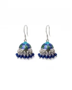 Blue and Green Floral Meenakari Jhumka Earrings in Rhodium Silver