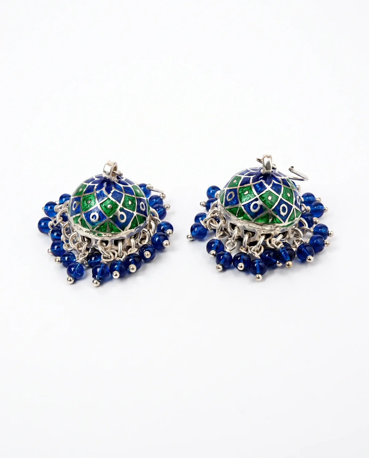 991_result Intricate Blue Meenakari Enamel Jhumka Earrings in Rhodium Silver - Image 1